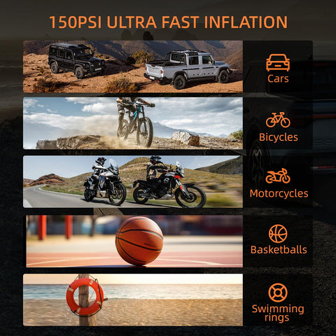 Image showing auto, bicycle, motorcycle, basketball, and swimming ring for All In One Jump Starter With Air Compressor On The Go 4000A.