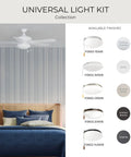 AirPro Ceiling Fan Light Kit For Modern Transitional Ceiling Fans with Wide Opal Glass Diffuser in various finishes, shown in bedroom setting.