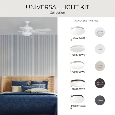 AirPro Ceiling Fan Light Kit For Modern Transitional Ceiling Fans with Wide Opal Glass Diffuser in various finishes, shown in bedroom setting.