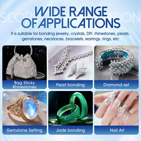 Usage examples of 3.4 Oz Jewelry Glue For Metal And Stone With Precise Pointed Tip for bonding rhinestones, pearls, diamonds, and gemstones.
