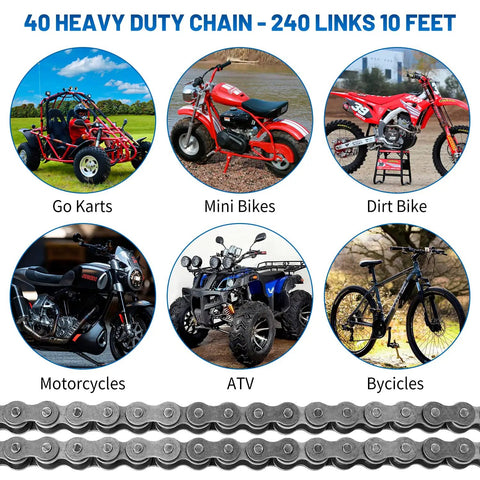 Heavy Duty 40 Roller Chain For Go Karts Mini Bikes Scooters Motorcycles Bicycles ATV Dirt Bikes And Industrial Machinery Ten Feet Long 240 Links With Five Master Links Included For Fast Repairs And Ready To Roll shown with various vehicles