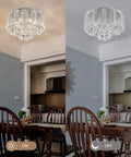 Crystal Raindrop Drum Chandelier Light Flush Mount LED Ceiling Fixture in dining room with on and off display, 16 in diameter