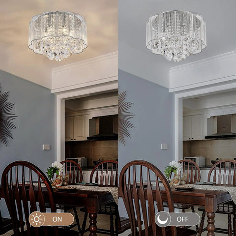 Crystal Raindrop Drum Chandelier Light Flush Mount LED Ceiling Fixture in dining room with on and off display, 16 in diameter