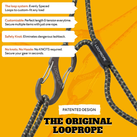 Close-up of Hunter Pack Heavy Duty Bungee Cord Set With Patented Adjustable Multi Loop Tie Down System showing LoopRope design