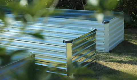 Close-up of Two-Piece Galvanized Raised Garden Bed Kit 10 By 3 By 1 Feet Outdoor Planters for Vegetables Flowers and Herbs