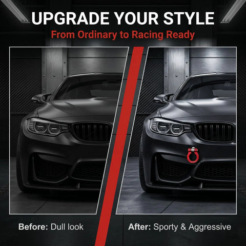 Hella Tough Screw On Front Bumper Tow Hook With Glossy Red Race Design D Ring on a sporty black car after upgrade