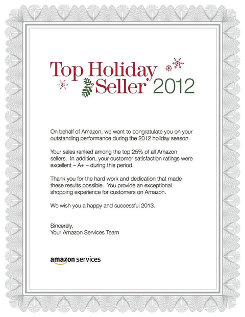 Top Holiday Seller 2012 certificate from Amazon congratulating outstanding sales performance with decorative border.