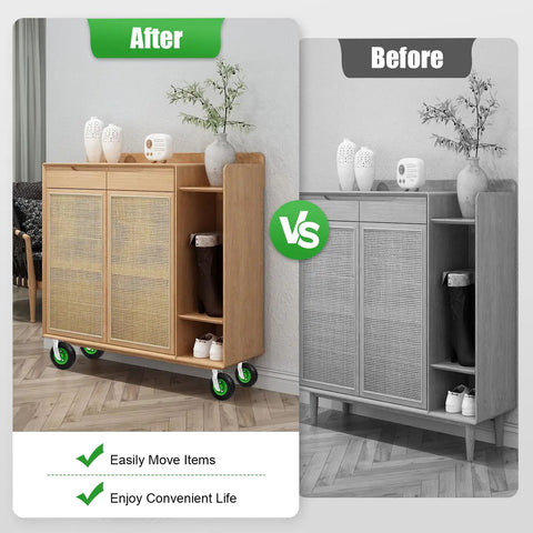 Comparison of updated storage cabinet on wheels with green casters vs. old stationary design, showing improved mobility and design.
