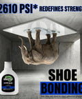 Elephant hanging from ceiling with shoe glue bottle; Fast Bonding Shoe Glue Kit 1oz and 1g visible, showing strength.