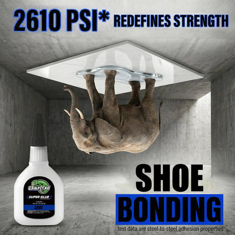 Elephant hanging from ceiling with shoe glue bottle; Fast Bonding Shoe Glue Kit 1oz and 1g visible, showing strength.