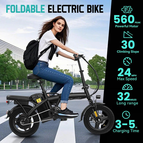 Powerful 560W Folding Electric Bike For Adults And Teens, Go To City Commuter Ebike With 48V Battery, 24 MPH Top Speed, 3 Level Pedal Assist, Dual Disc Brakes, 14 Inch Compact Foldable Ride, UL 2849 Certified, rider on foldable 14-inch black frame