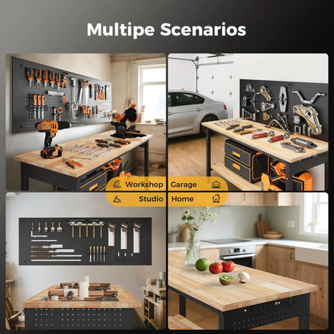 60 Inch Adjustable Height Work Bench With Storage Shelf And Pegboard LED Light And Built In Power Strip in multiple settings.