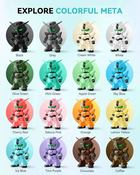 Colorful Meta figurines showcasing various vibrant colors, including Olive Green; compatible with High Speed Meta PLA 1.75mm Filament 1KG for FDM 3D Printers.