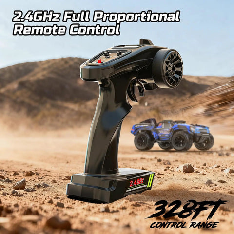 2.4GHz remote for One Twelve Scale Fast RC Truck With Dual Batteries 45 KPH 4WD Off Road Monster RC Car, desert in background