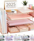 4 Tier Desk Organizer Set With File Holder, Drawer, And Two Pen Holders In Rose Gold on desk with calendar and stationery