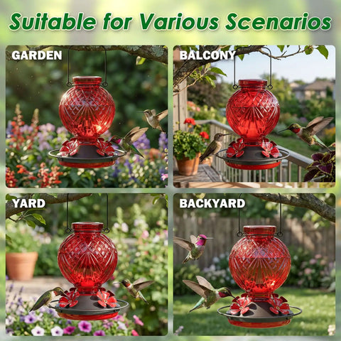 Glass Hummingbird Feeder 20oz Hanging Outdoor Bird Nectar Feeder With Four Bee Guard Flower Ports in garden and balcony views