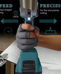 Person using Cordless 14 Gauge Sheet Metal Cutter With 360 Degree Pivoting Head And 400Nm Brushless Motor Electric Metal Shears