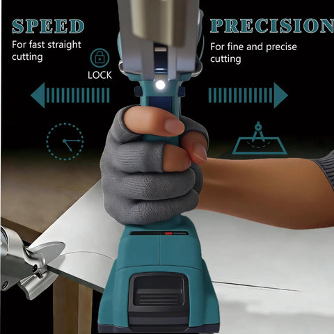 Person using Cordless 14 Gauge Sheet Metal Cutter With 360 Degree Pivoting Head And 400Nm Brushless Motor Electric Metal Shears