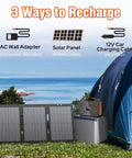 Portable Solar Generator 300W Power Station With Foldable 60W Solar Panel And 280Wh Battery Pack by tent and sea.