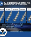 Front view of Mastercool 72485-PRC universal hydraulic flaring tool kit with blue handle and five flare adapters