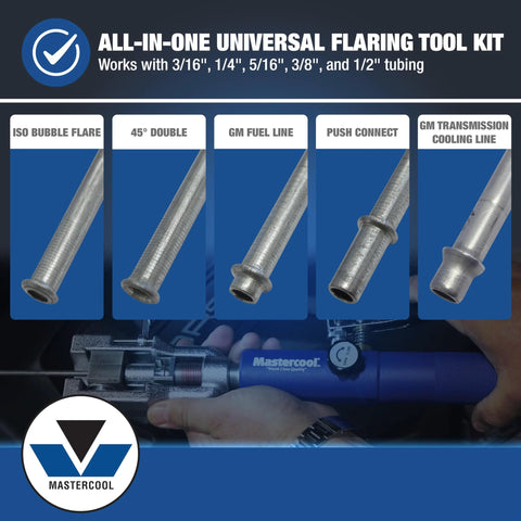 Front view of Mastercool 72485-PRC universal hydraulic flaring tool kit with blue handle and five flare adapters