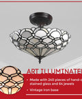 Vintage Tiffany Style Ceiling Lamp 17 Inch Wide With White Jeweled Stained Glass Chandelier Lighting For Dining Room