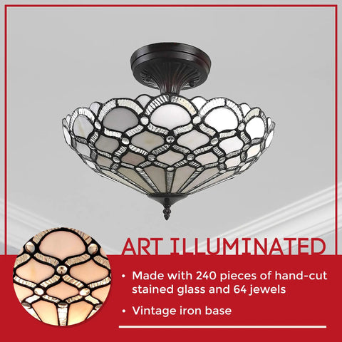 Vintage Tiffany Style Ceiling Lamp 17 Inch Wide With White Jeweled Stained Glass Chandelier Lighting For Dining Room