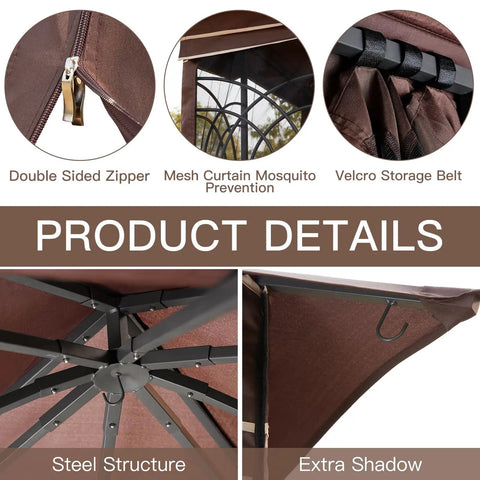Close-up details of Heavy Duty Outdoor 10x10 Gazebo With Double Roofs, Metal Corner Frame Shelves, And Mosquito Netting.