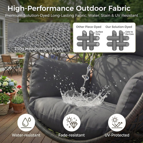 Oversized Hanging Egg Chair With Stand For Indoor Or Outdoor Use, Wicker Bird Cage Swing Chair With Dark Grey Cushion outdoor setting