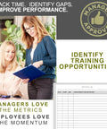 Two women discussing activity log with All In One Daily Activity Log Notepad for Boss Level Office Productivity visible in corner.
