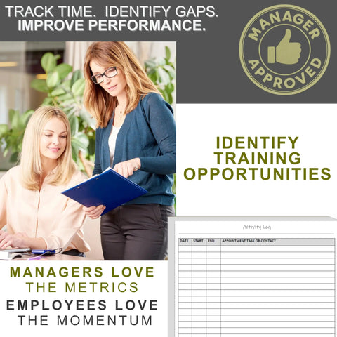 Two women discussing activity log with All In One Daily Activity Log Notepad for Boss Level Office Productivity visible in corner.