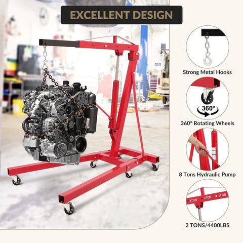 2 Ton Cherry Picker Engine Hoist with 360° rotating wheels and strong metal hooks for garage auto projects.