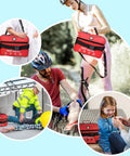 Red first aid kit bag with multiple compartments; front view carried by a person.