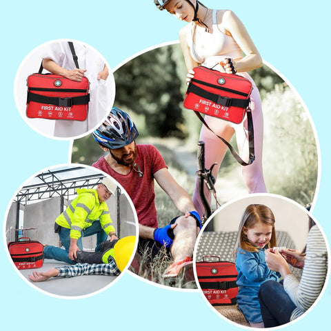 Red first aid kit bag with multiple compartments; front view carried by a person.