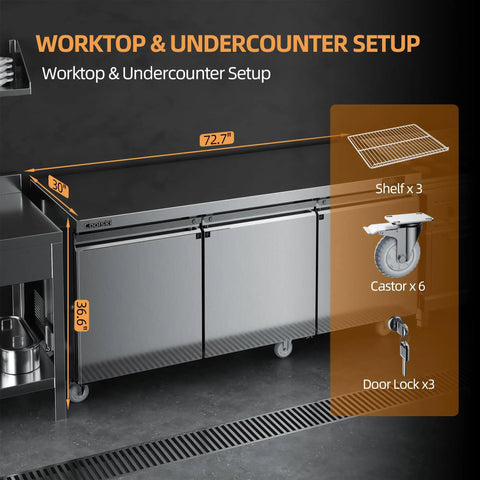 Heavy Duty Three Door Undercounter Freezer With 20.9 Cubic Foot Capacity And Stainless Steel Fan Cooled Worktop dimensions and features.