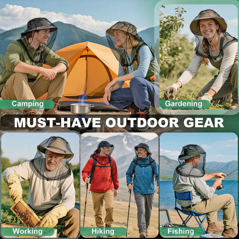 Outdoor enthusiasts wearing 2 Pack Premium Mosquito Head Nets With Drawstring Breathable Ultra Large Bug Net For Head in various activities.