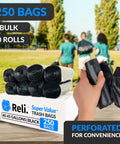 Heavy Duty 45 Gallon Black Trash Bags 38x46 Inches, 250 Count With Twist Ties displayed on rolls and box