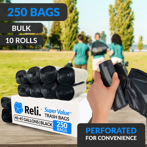 Heavy Duty 45 Gallon Black Trash Bags 38x46 Inches, 250 Count With Twist Ties displayed on rolls and box