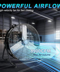 24 Inch Industrial Floor Fan High Velocity Drum Fan Delivers 8900 CFM With Three Speeds Portable Beastly Heavy Duty Air Cooling For Warehouse, Workshop, Factory, Commercial, Residential And Greenhouse Black in a spacious warehouse setting showcasing powerful airflow.