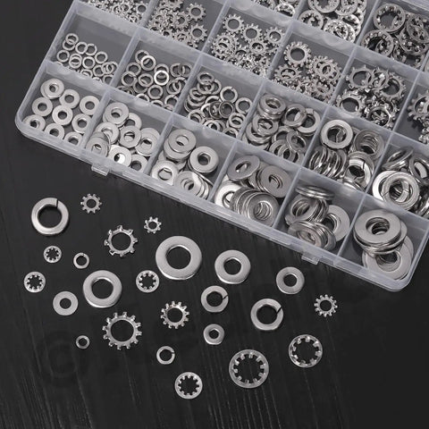 Massive 400 Piece Washer Set Kit With Split Lock Washers, External And Internal Star Washers, And Flat Washers In Sturdy 304 Stainless Steel, Imperial Sizes Six, Eight, Ten And One Quarter, Five Sixteenths, Three Eighths Inch, assorted washers in organizer