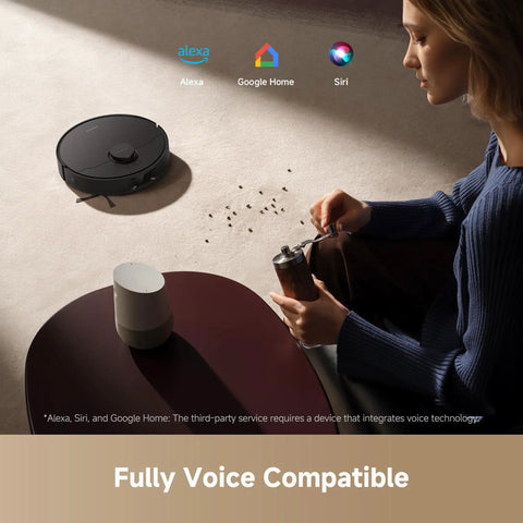 Person using Alexa to control D20 Plus Robot Vacuum And Mop With 13000 Pa Suction Self Emptying 5L Dust Bag DuoBrush on carpet