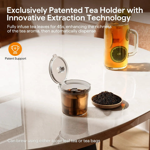All In One Compact Coffee Maker For K Cup Pods Ground Coffee And Tea Leaves Brews Dope Hot Bold And Over Ice In 6 To 16 Oz Sizes Perfect For Small Kitchens Dorm Rooms Or Office Black Version Two showing patented tea holder with tea leaves.