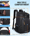 Black insulated cooler backpack showing various compartments for 40-50 cans, picnic supplies, travel gear. Leakproof design.
