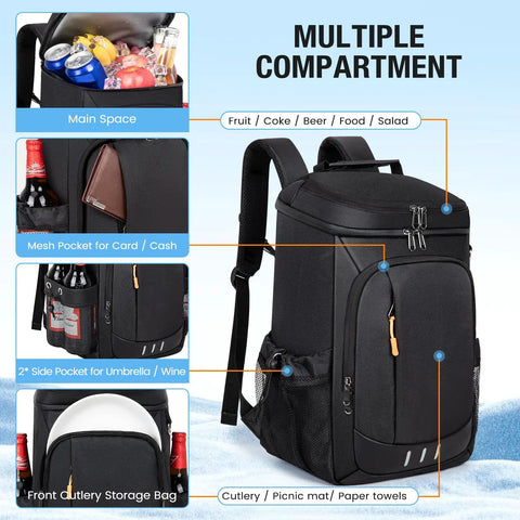 Black insulated cooler backpack showing various compartments for 40-50 cans, picnic supplies, travel gear. Leakproof design.