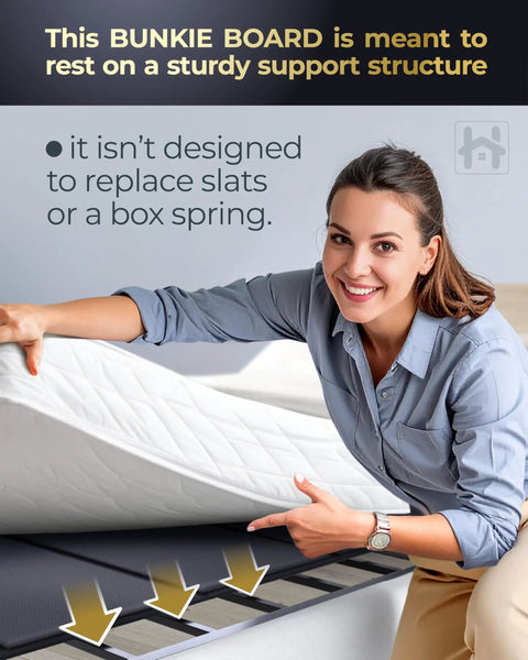 Woman demonstrating Rock Solid Queen Bunkie Board 10mm Slim Low Profile Mattress Support 60x80 on slatted bed frame.