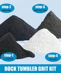 Rock tumbler grit kit with four steps: coarse, medium, pre-polish, and polish.