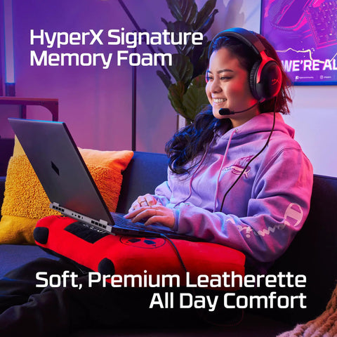 Gamer wearing Cloud III Wired Gaming Headset For PC PS5 Xbox Series X S with HyperX Signature Memory Foam in a cozy setup.
