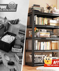 Before and after of room with Heavy Duty Adjustable Garage Shelving Unit With 5 Tier Steel Racks No Fuss Quick Install Utility Shelves