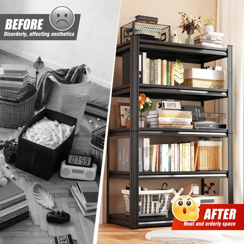 Before and after of room with Heavy Duty Adjustable Garage Shelving Unit With 5 Tier Steel Racks No Fuss Quick Install Utility Shelves