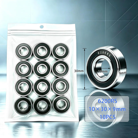 10 Pack Of 6200-2RS Deep Groove Ball Bearings 10X30X9mm in sealed packaging with measurements shown for heavy duty machinery.